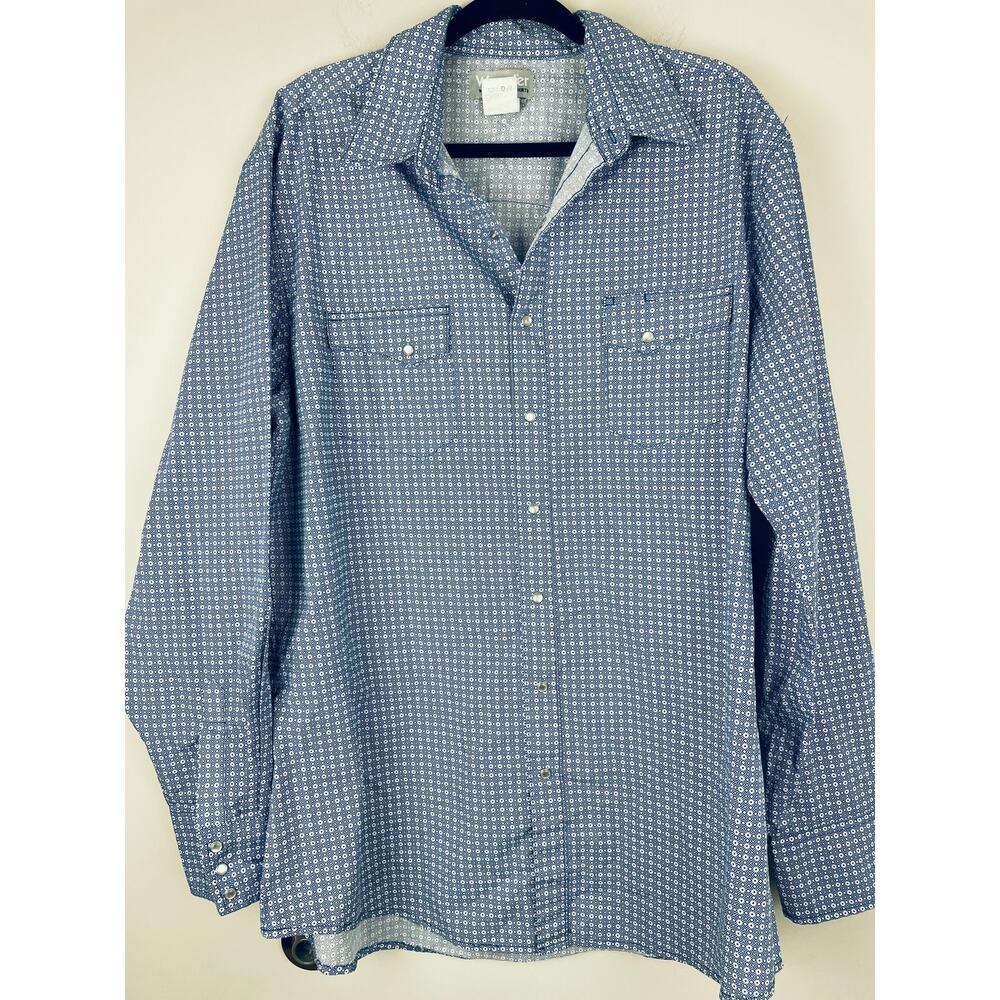 Wrangler Wrancher Mens Western Pearl Snap Shirt XL Tall XLT Blue Geometric Print